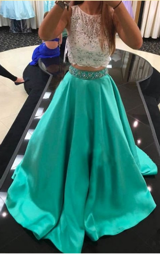 Two Pieces Prom Dress,long A-line Prom Dress,blue Prom Dress,beaded Prom Dress,princess Evening Gown