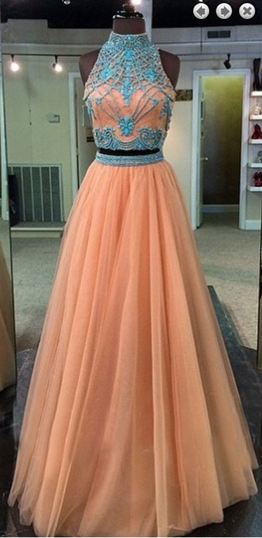 Two Pieces Evening Dress,tulle Prom Dress,high Neck Prom Dress,charming Prom Dress,long Prom Dress