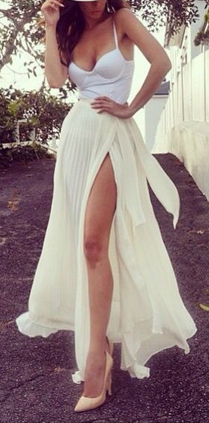 Sexy Prom Dress White And Ivory Prom Dresses Spaghetti Straps Chiffon Side Slit Evening Dress Party Dress Occasional Dress