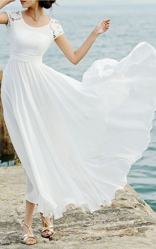 Simple Style Prom Dress A-line White Crew Prom Dresses Chiffon Long Prom Gown
