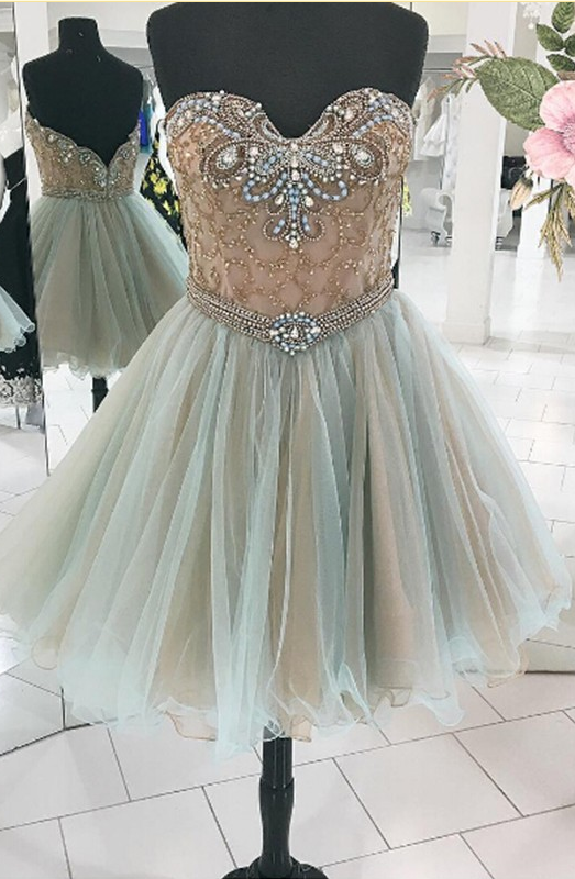 Same As The Picture Homecoming Dresses Zipper-up Sleeveless Tulle Beadings Knee-length Sweetheart Neckline A Lines