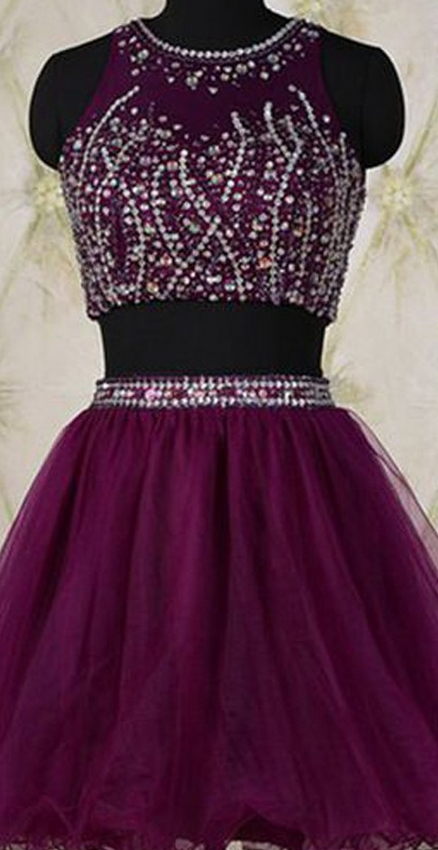 Grape Homecoming Dresses Zipper-up Sleeveless Tulle Crystal Beads Ruffle Short Jewels Aline
