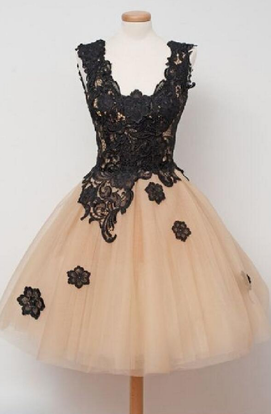 Black Homecoming Dresses Open Back Off The Shoulder Lace Above-knee Round Neck A Line