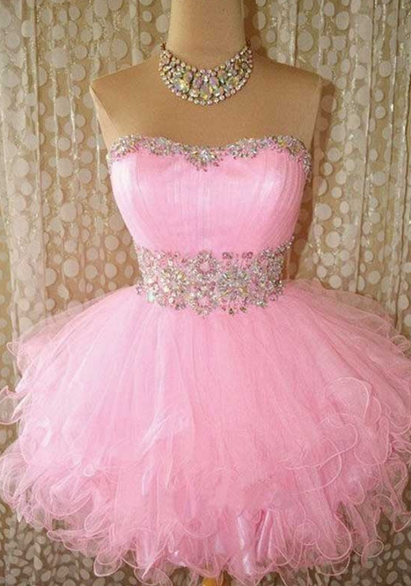 Pink Homecoming Dresses Zipper-up Sleeveless Crystal Beads Ruffle Above Knee Sweetheart Neckline A Lines