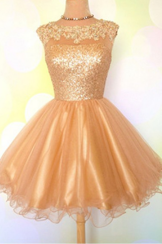 Golden Homecoming Dresses Appliques Sleeveless Paillette Short O-neck A Lines