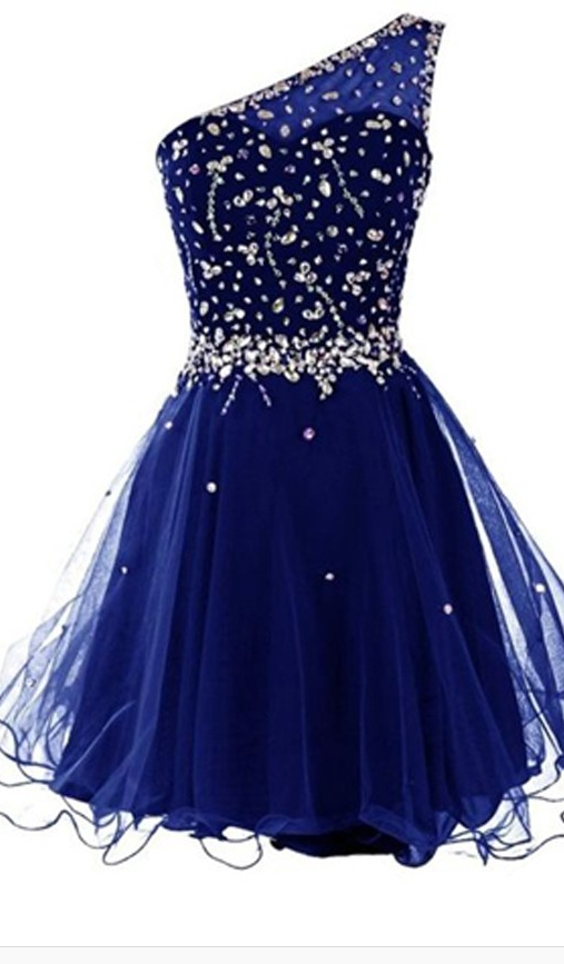 Royal Blue Homecoming Dresses Zipper-up Sleeveless Organza Rhinestone Mini One Sleeve A Line