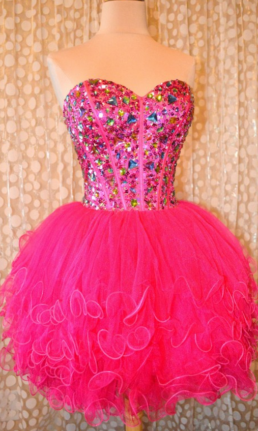 Pink Homecoming Dresses Laced Up Sleeveless Crystal Beads Ruffle Above Knee Sweetheart Neckline A-line/column