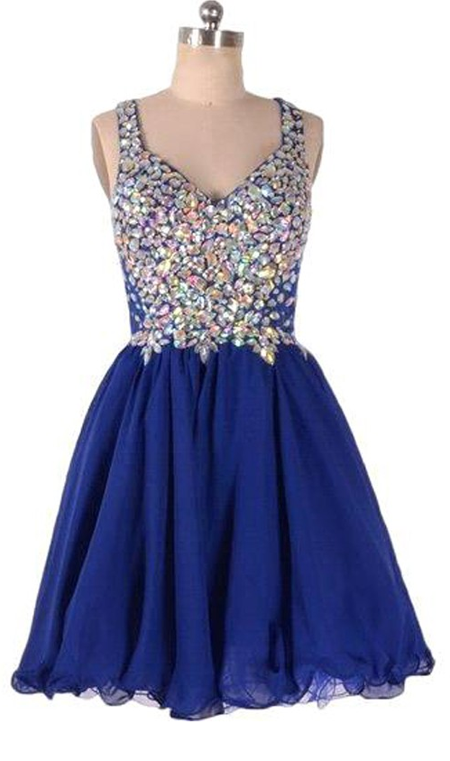 Royal Blue Homecoming Dresses Zippers Sleeveless Tulle Rhinestone Above-knee V-neck Scoop A Lines