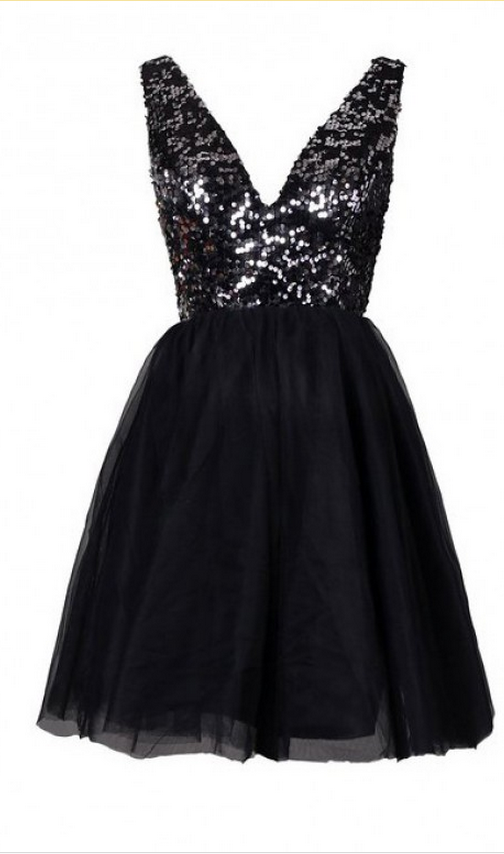 Sleeveless Black Homecoming Dresses A Lines Sequined Short V-neck Scoop Hollow A Lines