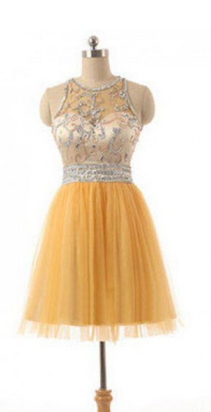 Sleeveless Daffodil Homecoming Dresses A Lines Beaded Knee-length O-neck Zippers A Lines