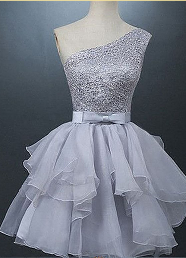Sleeveless Grey Organza Homecoming Dresses A Lines Beadings Short One Sleeve Laced Up A Lines