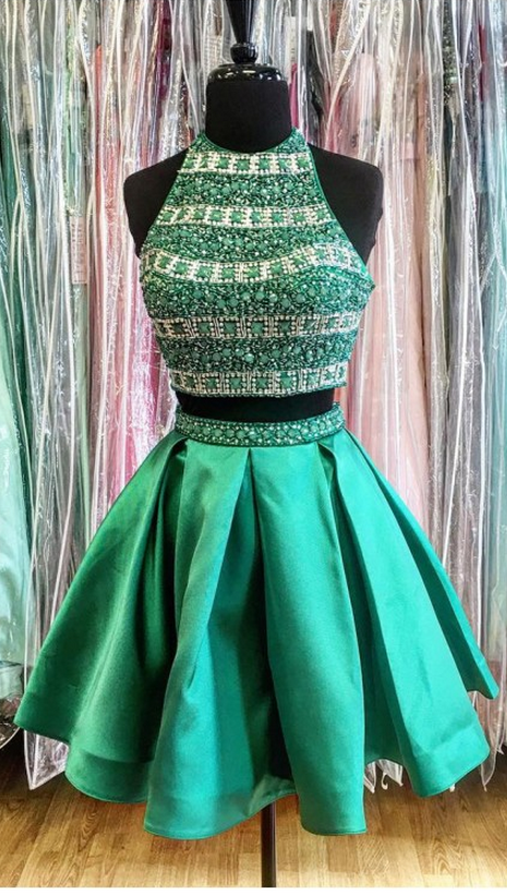 Sleeveless Turquoise Matte Satin Homecoming Dresses A-line/column Beaded Above-knee Haltered Open Back A-line/column