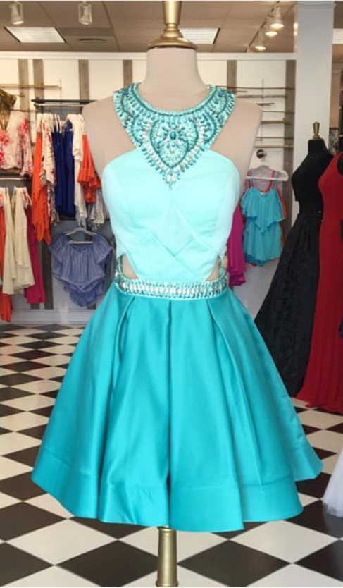 Sleeveless Green Homecoming Dresses A Lines Beadings Short Haltered Zipper-up A Lines