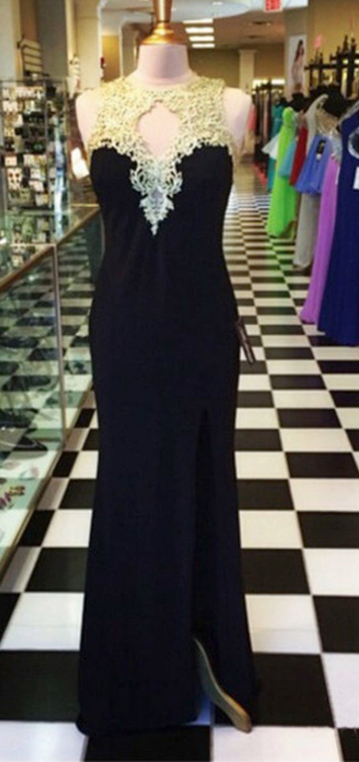 Sleeveless Black Lace/Satin Homecoming Dresses A Line Lace Floor Length Jewels Hollow A Line