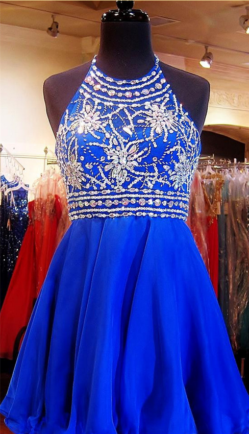 Sleeveless Royal Blue Homecoming Dresses A Lines Crystal Floral Pin Above-knee Haltered Zippers A Lines