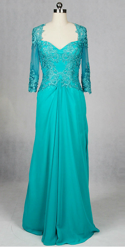 Neckline Lace 3/4 Sleeve Turquoise Chiffon Nother Of The Bride Dress