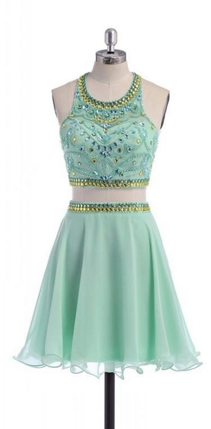 Classy Cute Mint Beaded Two Pieces Open Back Homecoming Dress