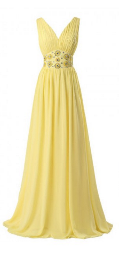 Elegant Long Prom Dress, Simple V Neck Prom Dress,yellow Chiffon Evening Dress,