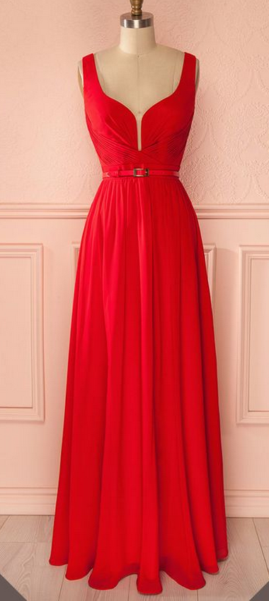 Red Plunging V Sleeveless A-line Chiffon Floor-length Prom Dress, Evening Dress, Formal Dress