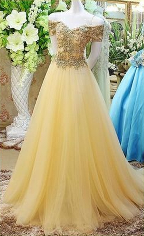 Long Yellow Tulle Off The Shoulder Evening Dress
