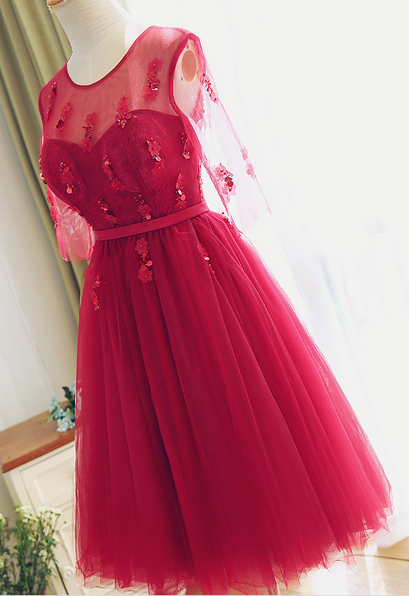 Party Dress, Tea Length Red Lace Bridesmaid Dress,half Sleeves Lace Prom Dress,red Lace Cocktail Dress,red Formal Party Dresses