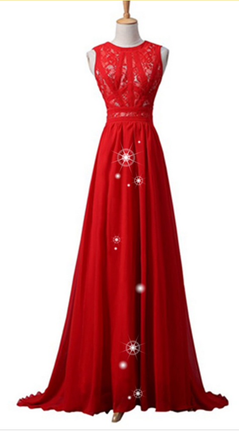 Red Simple Chiffon Lace Prom Dresses,handmade Evening Dresses,o-neckline Prom Gowns,high Quality Party Dresses,
