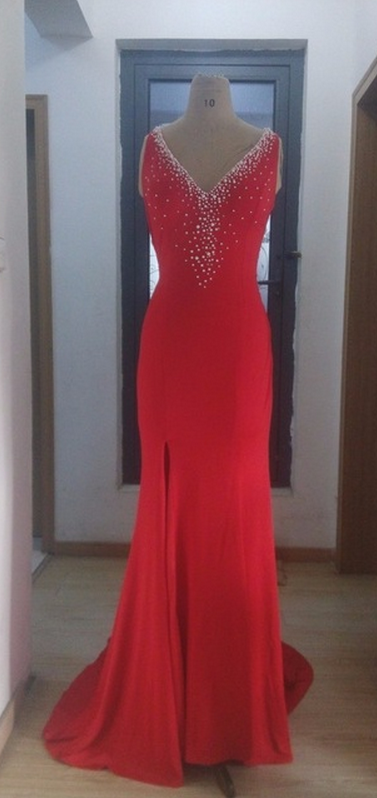 Long Prom Dress,red Chiffon Mermaid Evening Dress,sleeveless Party Dresses,sweep Train Evening
