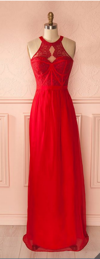 Red Halter Lace Corset A-line Floor-length Prom Dress, Evening Dress, Formal Dress