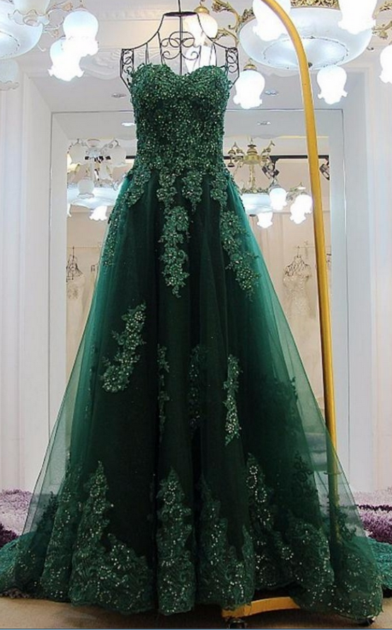 Forest Green Lace Appliqués Sweetheart Floor Length Tulle A-line Formal Dress Featuring Lace-up Back, Prom Dress