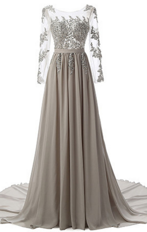 Grey Chiffon Prom Dresses Full Sleeves Women Party Dresses on Luulla