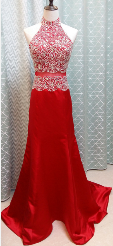 Halter Neck Red Chiffon Prom Dresses Crystals Women Party Dresses