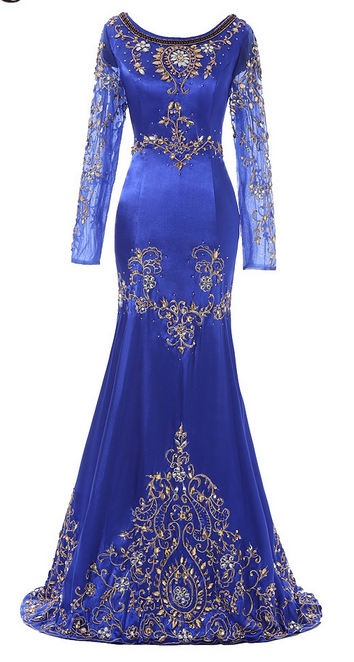 Bleu Royal Perlée Musulman De Soirée Robe Manches Longues Caftan Marocain Robe Satin Stretch En Mousseline De Soie