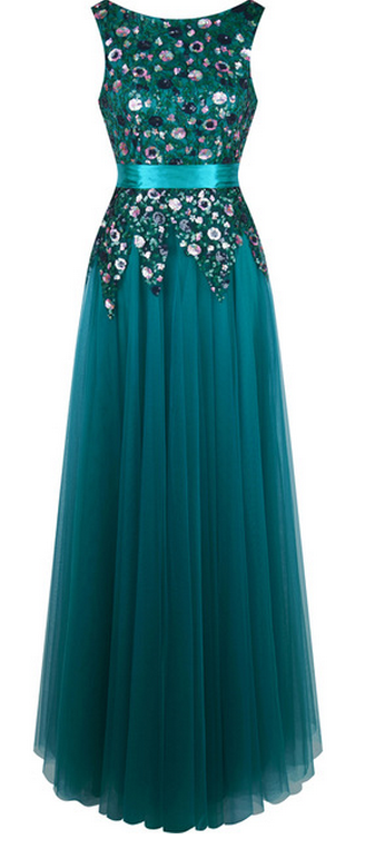 Bateau Sleeveless Floral Sequined A-line Floor-length Prom Dress, Evening Dress Featuring V-back