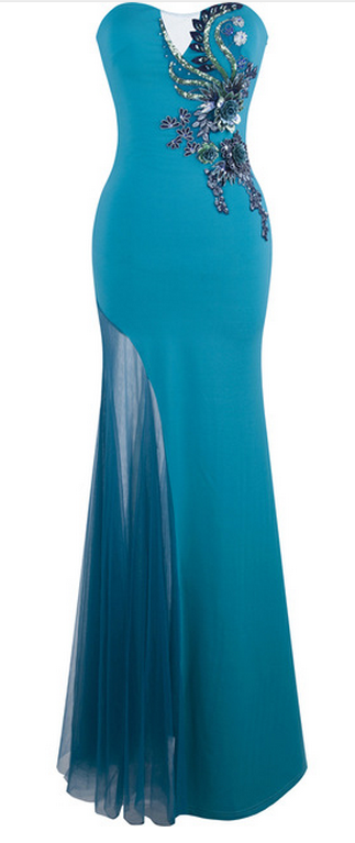 Angel-fashions Floral Applique Longue Sirène Robe De Soirée Abendkleider Bleu Vert