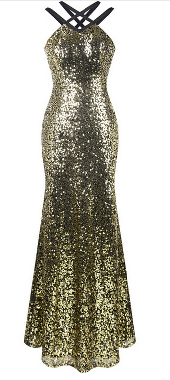 Gold Halter Sleeveless Sequin Mermaid Long Prom Dress, Evening Dress Featuring Crisscross Back