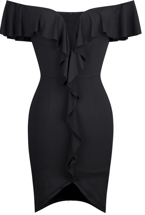 Black Off-the-shoulder Plunging Bodycon Short Formal Dress, Cocktail Dress  Featuring Ruffles on Luulla