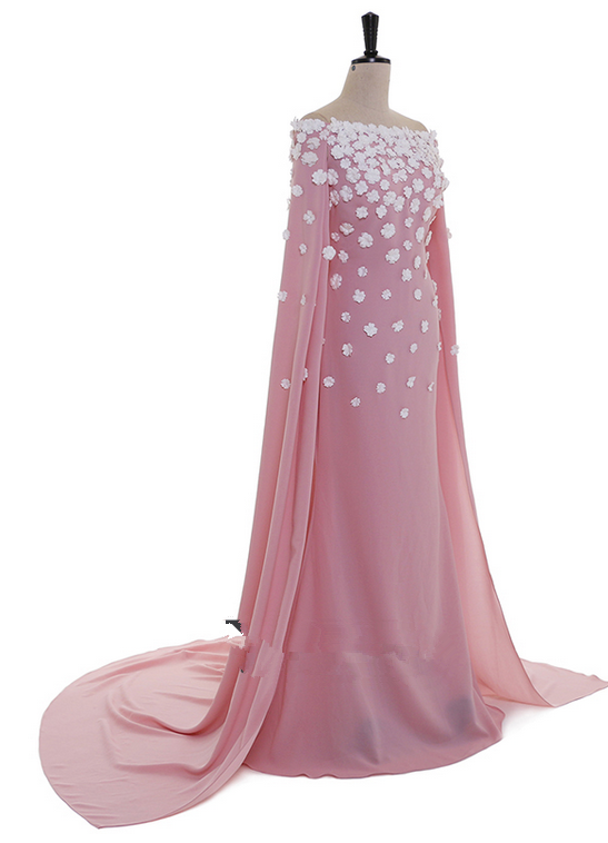 Pink Off-the-shoulder Mermaid Long Prom Dress, Evening Dress Featuring Floral Appliqués And Watteau Train