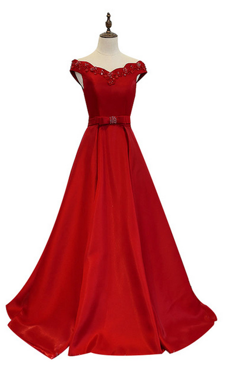 Nouveau Rouge Robe De Soirée De La Mariée Marié De Luxe Satin Perles Bateau Longueur Longues Robes De Bal Parti Robes