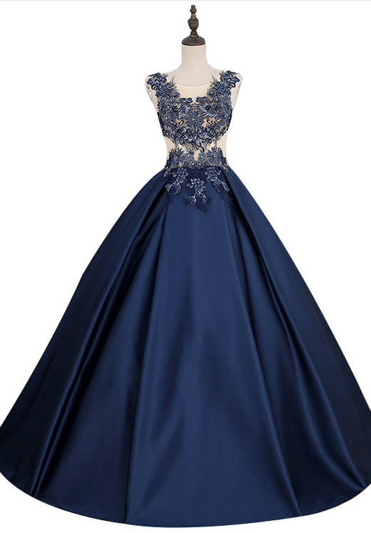 ,??l?�gant Long Satin Robe De Soir?�e La Mari?�e Banquet Bleu Fonc?� Dentelle Perles Manches Robe De 