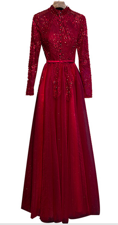 Robe De Soirée Dhiver Mariée Col Haut Transparent Manches Longues Vin Rouge Dentelle Parti Robe Banquet élégante Robe De Bal