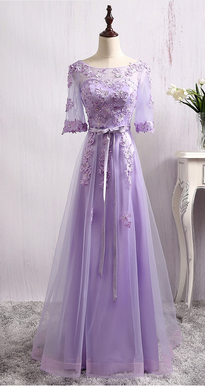 Sheer Lace Appliqués A-line Floor-length Prom Dress, Evening Dress With Sleeves