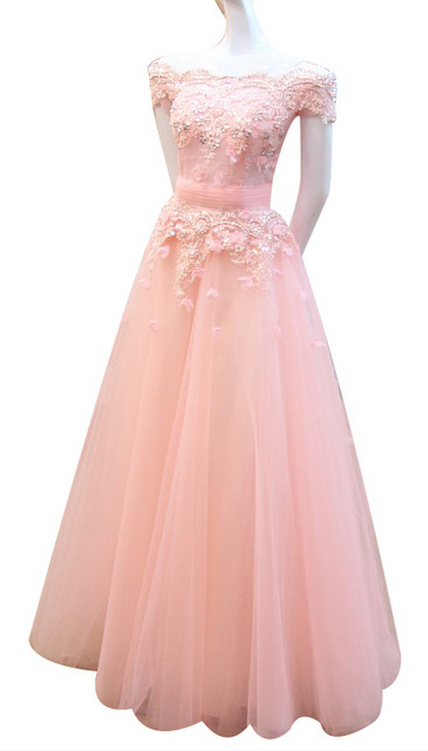 Off-the-shoulder Lace Appliqués Floor-length A-line Prom Dress, Evening Dress Featuring Lace-up Back