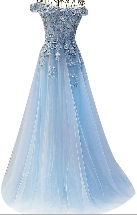 Off-the-shoulder Lace Appliqués A-line Long Prom Dress, Evening Dress