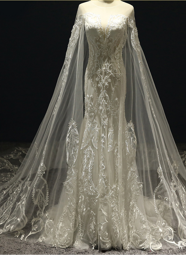 Luxury Wedding Dresses With Cape Sexy Transparent V Neck Lace Beaded Tulle Bridal Dress Wedding Gown Custom Made