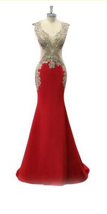 Red Mermaid Long Prom Dresses Sexy Backless Gold Lace Beaded Chiffon Women Formal Evening Dress 1647