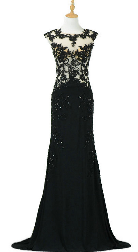 Chiffon Applique Beading Cap Sleeves Abendkleider Woman Robe De Soiree Long Prom Evening Dress Black
