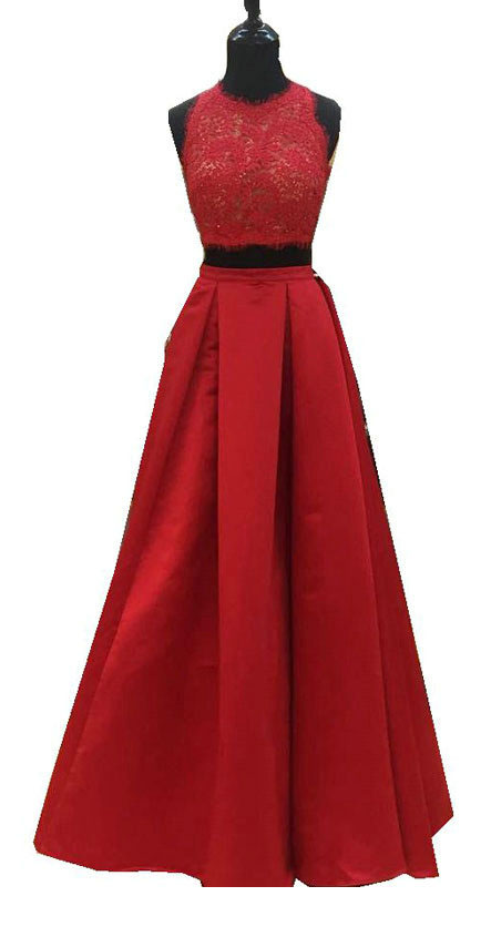 Fashion Lace Satin Floor Length Red Long Evening Dresses Autumn Formal Two Pieces Maxi Party Evening Gown