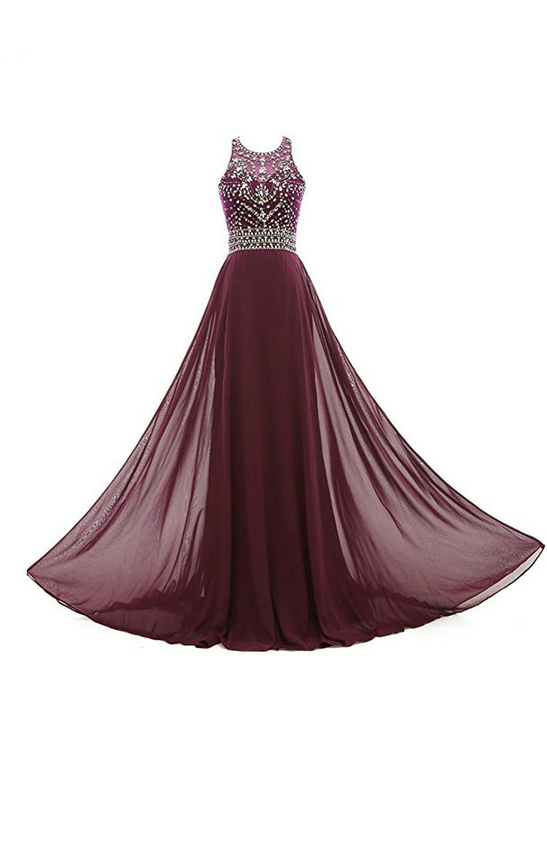Burgundy Color Women Formal Dress Open Back Beadings Chiffon Party Long Evening Gown