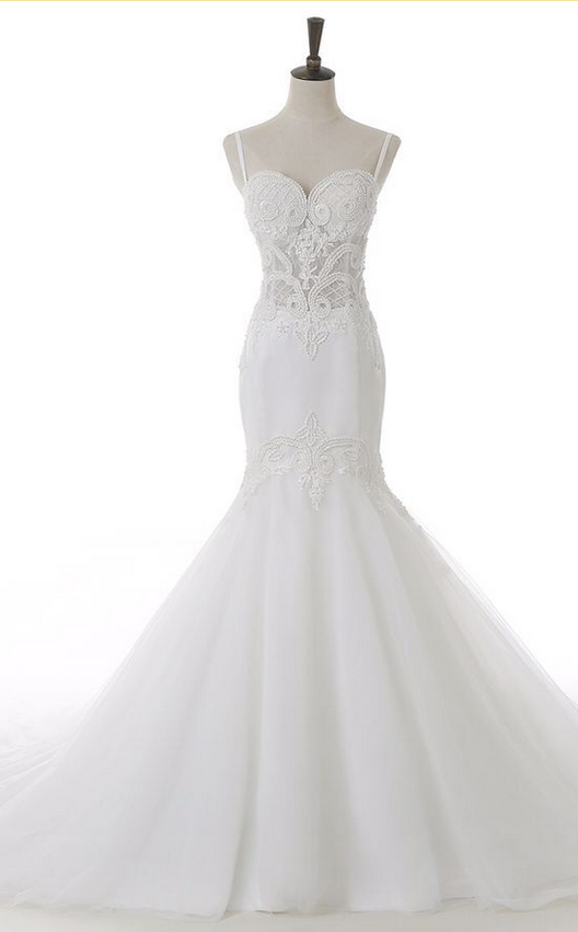 Spaghetti Strap Sweetheart Sheer Beaded Mermaid Wedding Dress Featuring Lace-up Back And Long Train