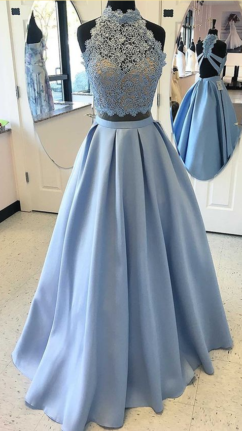 Pieces Party Dresses With Beading, Fancy Halter Evening Gowns, Royal Blue Prom Dresses With Beading
